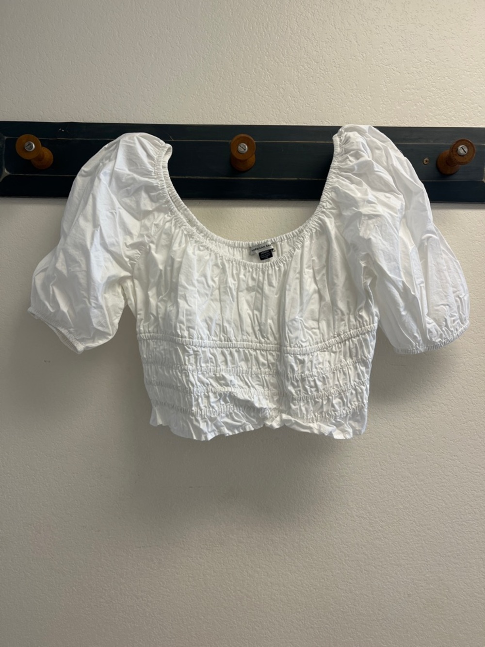 American Eagle Outfitters White Puff Sleeve Smocked Crop Top